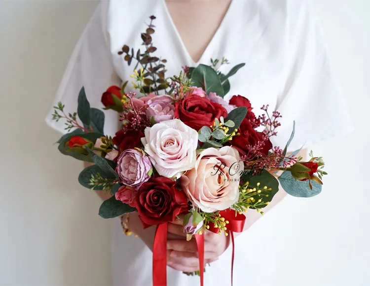 PEORCHID искусственные лесные Свадебные цветы Свадебные букеты винтажные эвкалиптовые Красные Розовые розы Букет невесты Ramo De Novia