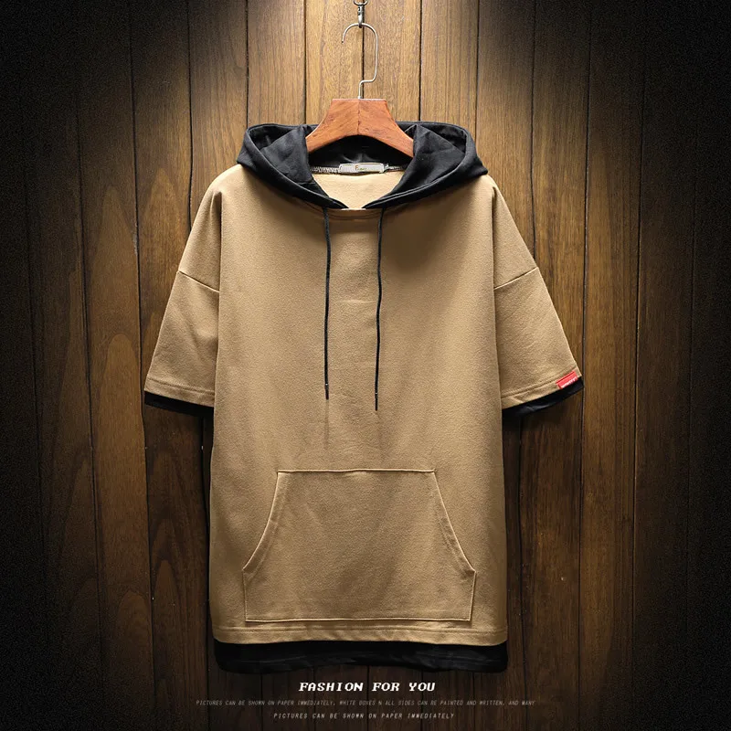 

2019 Summer New Youth Men's Loose Large Size Solid Color Casual Trend Five-point Sleeve Hooded T-shirt Men's Short Clothing