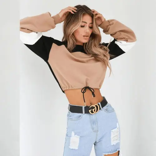 

Women Lace up Bandage O Neck Long Sleeve Autumn Hoodies Tops Patchwork Fashion