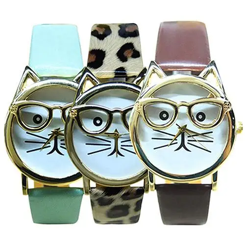 

Women's Men's Cute Glasses Cat Case Faux Leather Analog Quartz Bracelet Wrist Watch Bracelet