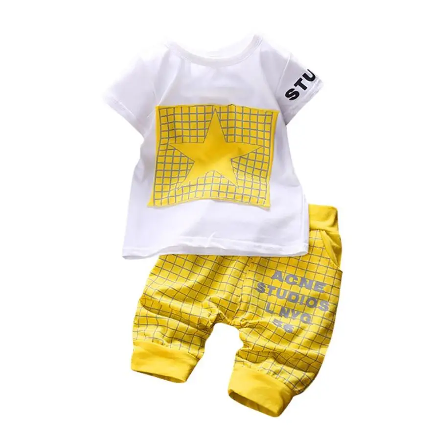 

2018 2Pcs Infant Kid Boys Girl Letter Star Print Plaid Tops+Pants Outfits Clothes Set Comfortable And Breathable 5.22