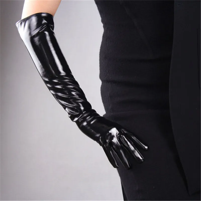 Long Style Patent Leather Gloves Woman Imitation Genuine Leather 50cm Bright Black With Lined Elegant Female Mittens Cosplay P28