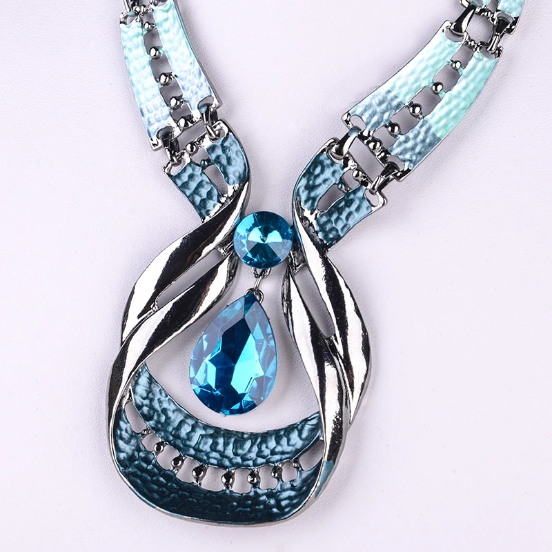 Austrian Crystal Jewelry Sets Fashion Blue Choker Collar Necklace dangle earring Jewellery Silver Plated Bridal Wedding Jewelry