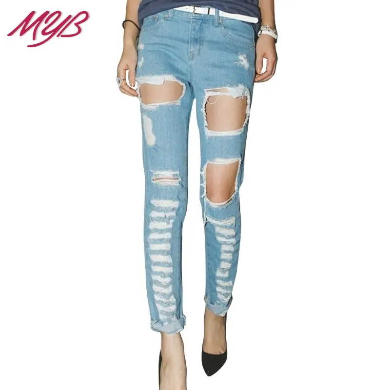 2015 New Fashion Women Denim Jeans Pants Sexy Ripped Hole Bleached Long