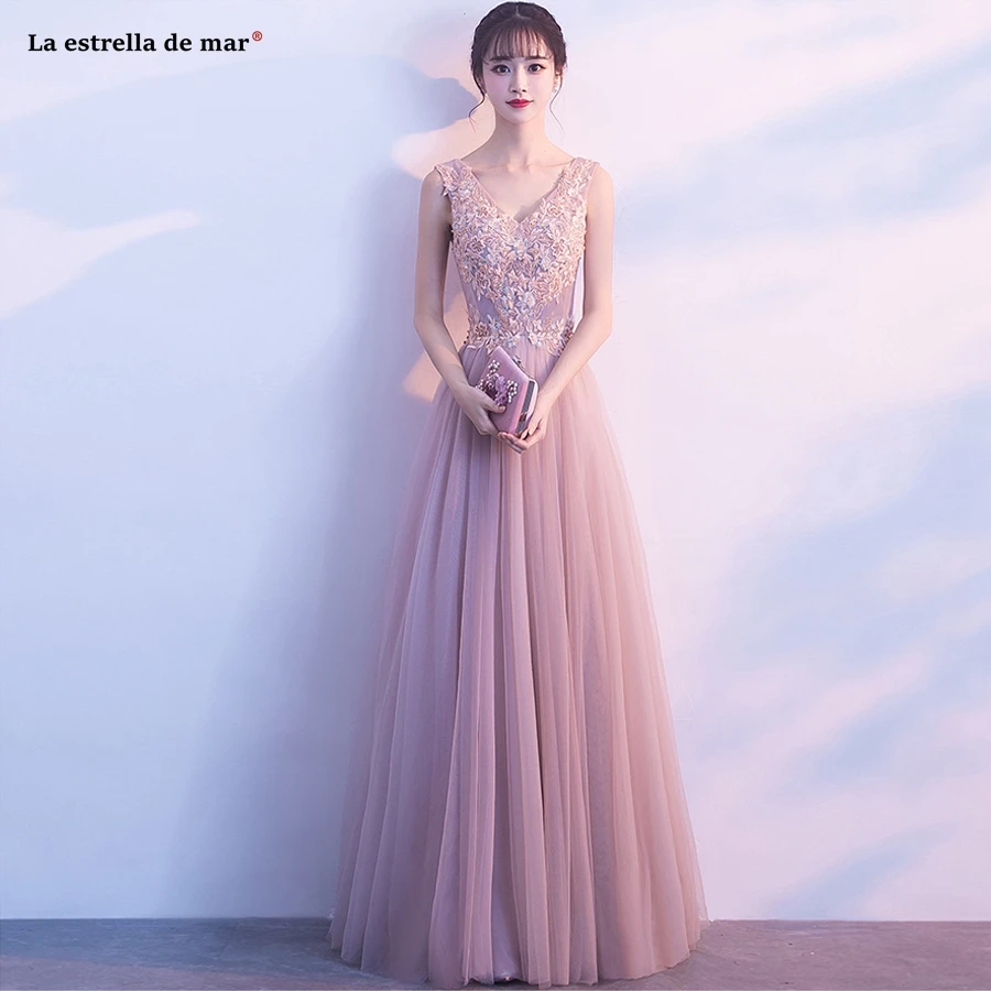 

Vestido madrinha new sexy V neck Tulle a Line Blush pink bridesmaid dresses long see bohemian robe demoiselle d'honneur
