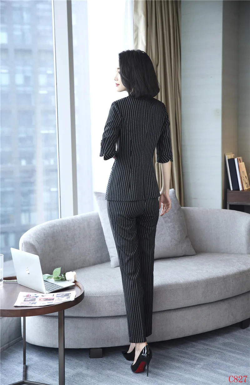 Conceptions Styles Manches Et Costumes D'affaires Veste Bleu Dames Rayé Avec Moitié Bureau Ensemble Pantalon Uniformes Formelle Blazer Femmes xW6TqAxSn