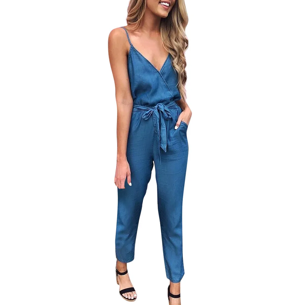 

Jumpsuits For Women 2019 Solid Sleeveless Strappy Long Playsuit Solid Cami Belt Whole Woman Summer Romper*