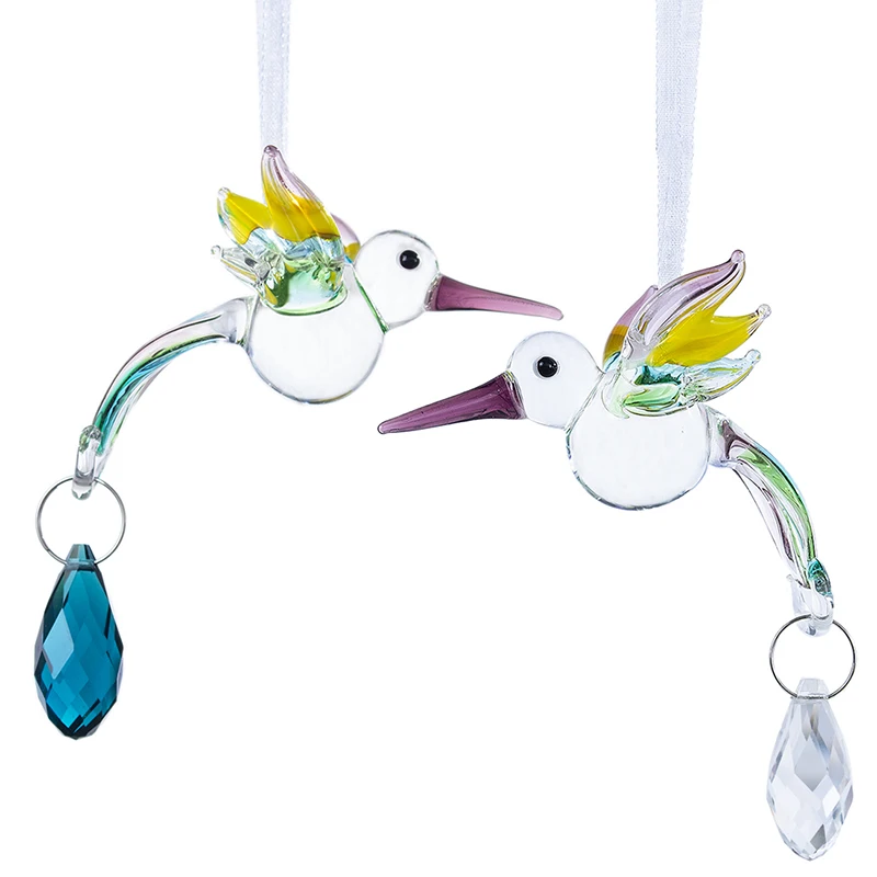 

H&D 2pcs Flying Hummingbird Suncatcher Collectible Gifts Handblown Art Glass Figurines Rainbow Decorations For Christmas Tree