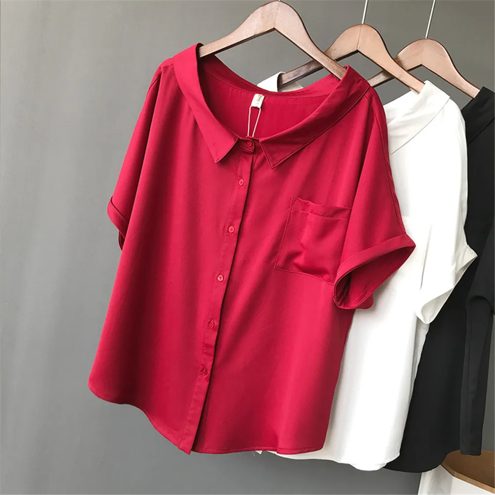 High quality Red Chiffon Wide neck Loose Shirt Office Top 2018 Working Women Blouse Shirt Half Loose Sleeve Summer Elegant top (24)