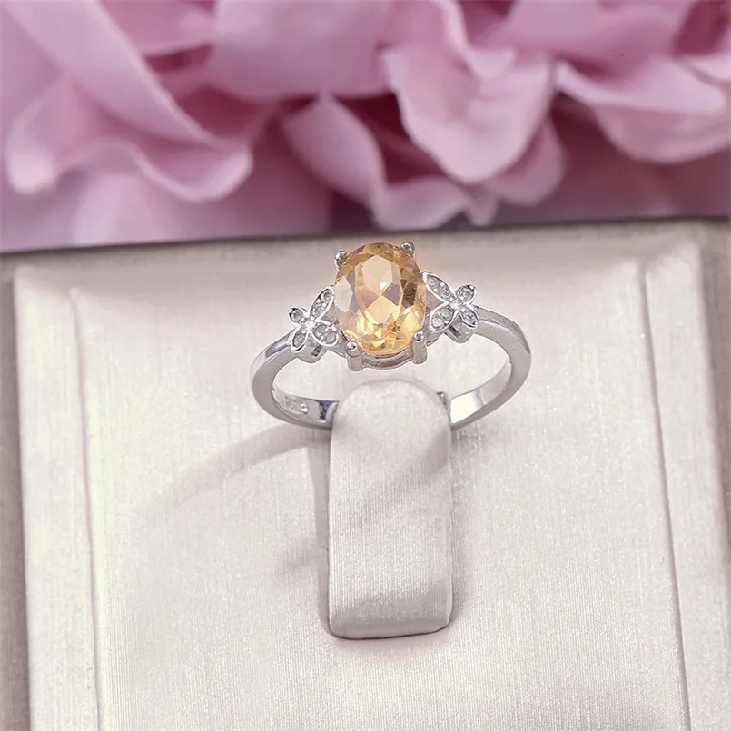 Fine Jewelry 925 Silver Rings for Women 8*6mm Citrine Yellow Oval Natural Gemstone Adjustable Ring Elegant Wedding Bands R-CI002 | Украшения