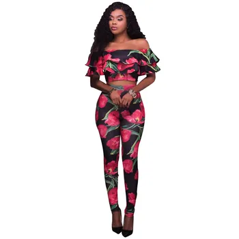 

2018 Summer Print Floral Ruffles Two Piece Set Womens Ladies Off Shoulder Crop Top And Bodycon Pant Suit