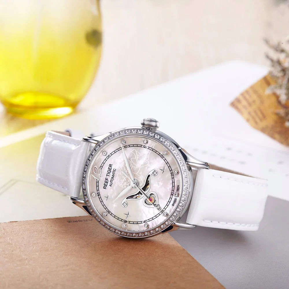 Риф Тигр Дизайнерские Модные Бриллианты автоматические часы с белым шваброй циферблат стальные часы для женщин RGA1550