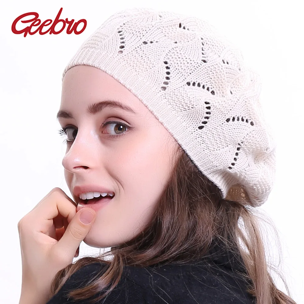 Geebro Женская однотонная вязаная шляпа берет дамы французский художник Beanie берет шапки весенние повседневные тонкие акриловые береты для женщин