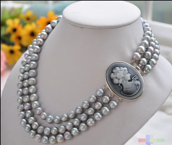 

FREE SHIPPINGP4054 3row 19" 10mm GRAY ROUND FRESHWATER PEARL NECKLACE