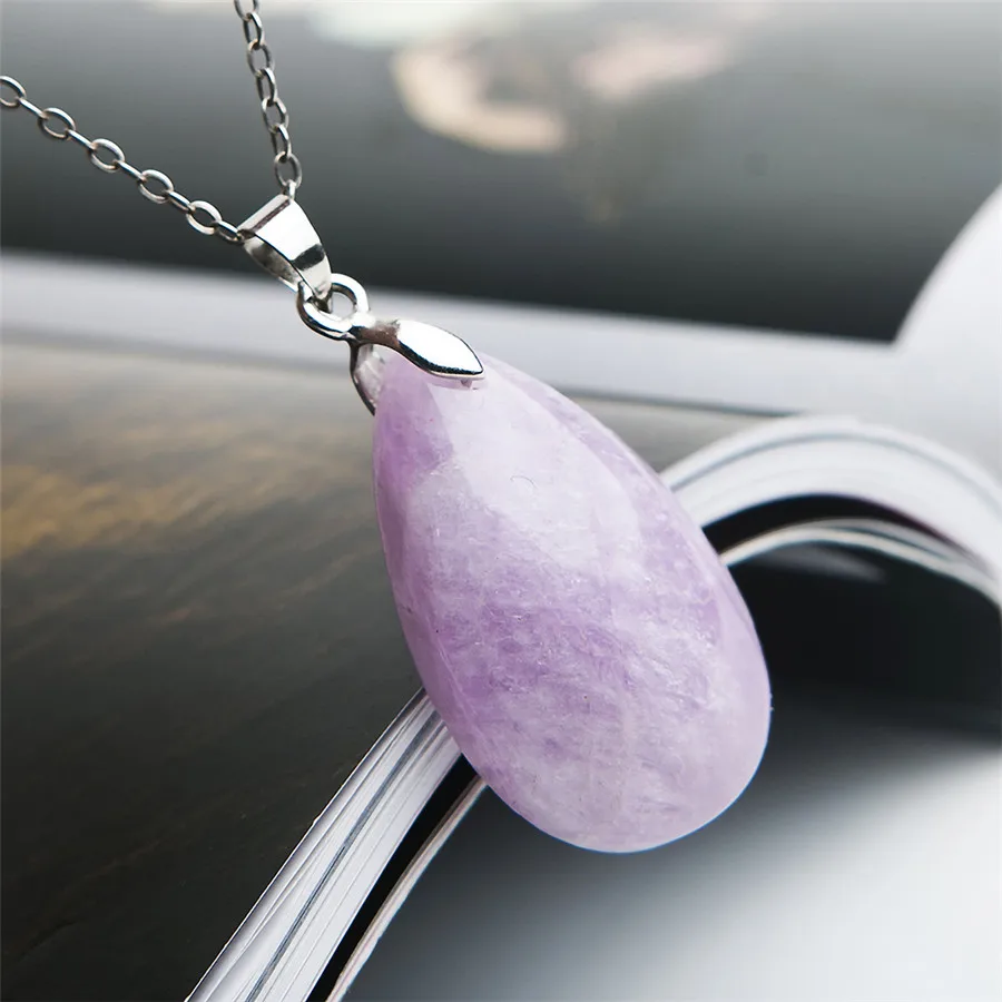 Натуральная натуральный кунцит кулон фиолетовый драгоценный камень женские ожерелье с каплевидными кристаллами подвеска-бусы 30x19x9 мм