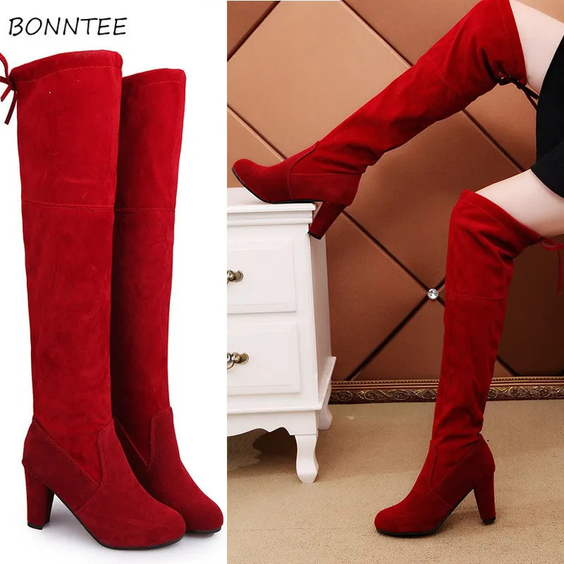 

Boots Women Plus Velvet Slim Large Size Over The Knee High Suede Long Boot Winter Womens Flock Square Heel Fashion Warm Shoes