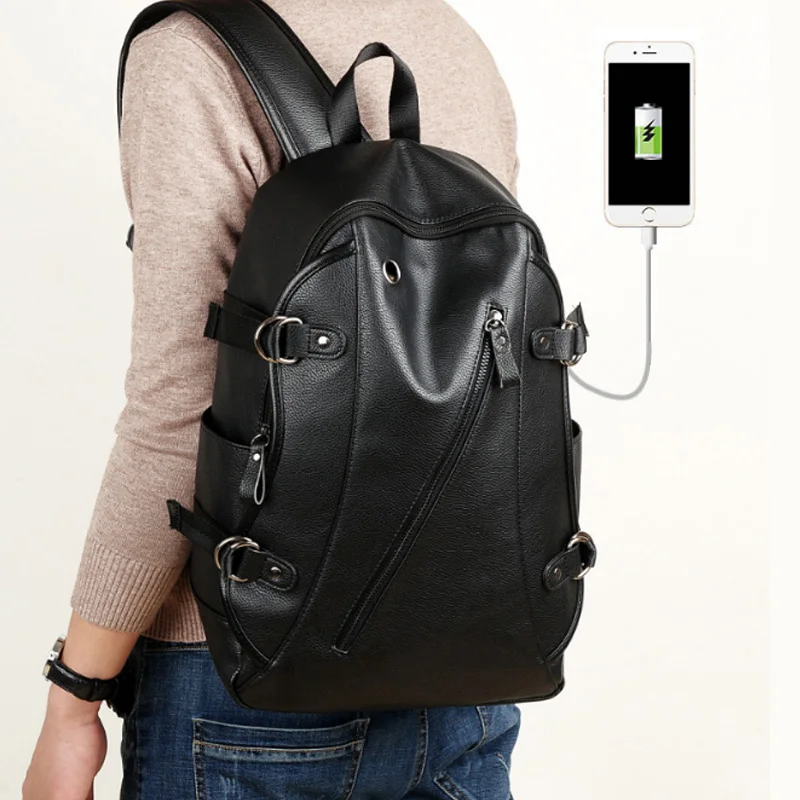 Los hombres de cuero impermeable bolsa de ordenador portátil grande diseño USB con auriculares agujero Mochila de viaje Mochila Masculina Los hombres de cuero impermeable bolsa de ordenador portátil grande diseño USB con auriculares agujero Mochila de viaje Mochila Masculina