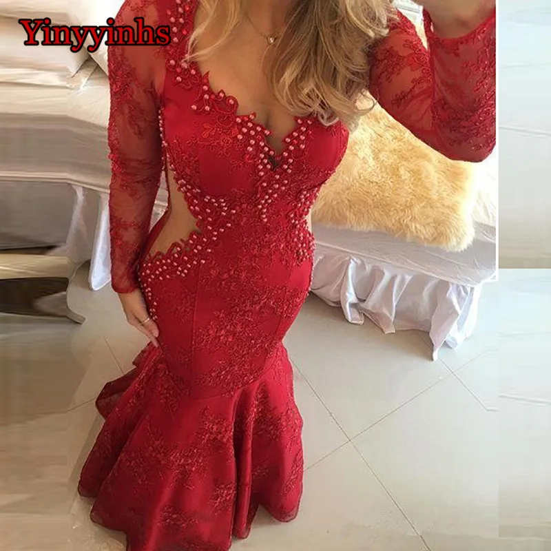 Red-2019-Prom-Dresses-Mermaid-V-neck-Long-Sleeves-Pearls-Lace-Sexy-Party-Maxys-Long-Prom