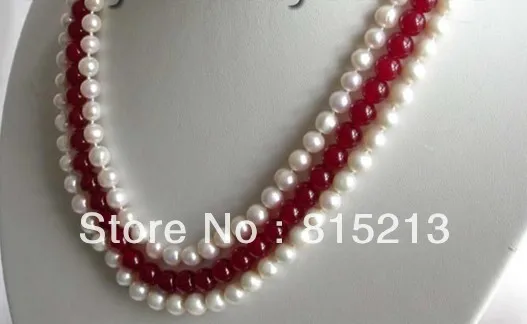 

FREE SHIPPING>>>@@ > N316 genuine!3rows Natural White Pearl Red jade Necklace