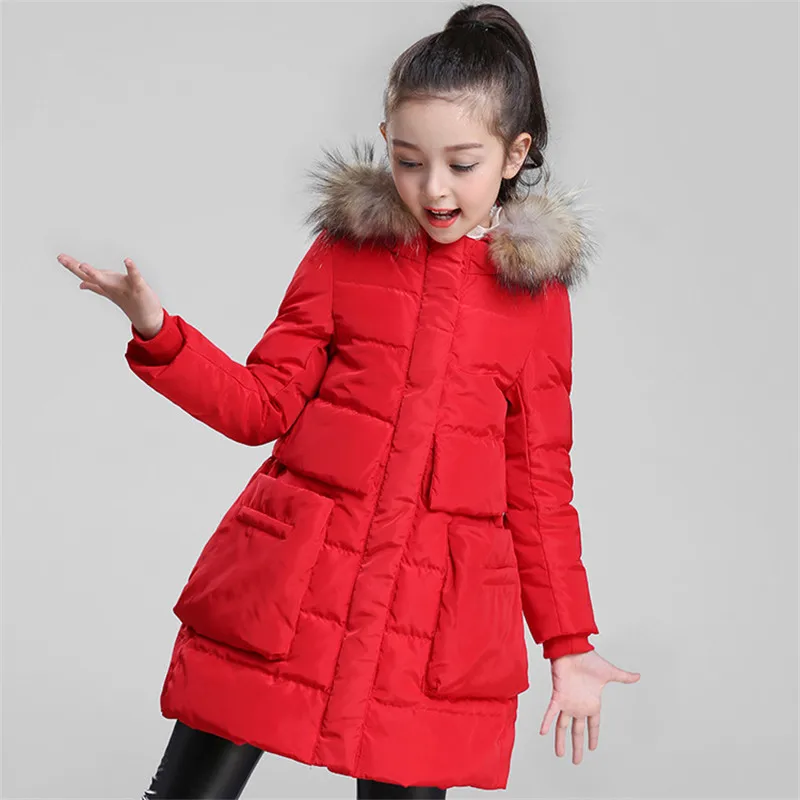 

Winter Girls Down Coats Baby Girls Hooded Raccoon Fur Collar Overcoats Teenage White Duck Down Outerwears Children Jackets P287