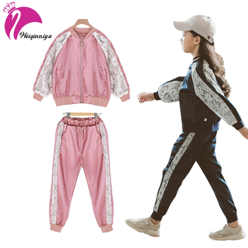 

weiqinniya Girls Set Kids Sports Tracksuit For Girl Fashion Children Lace Print Clothing Set For Girl 2018 Kids Hooded 2pcs Sets