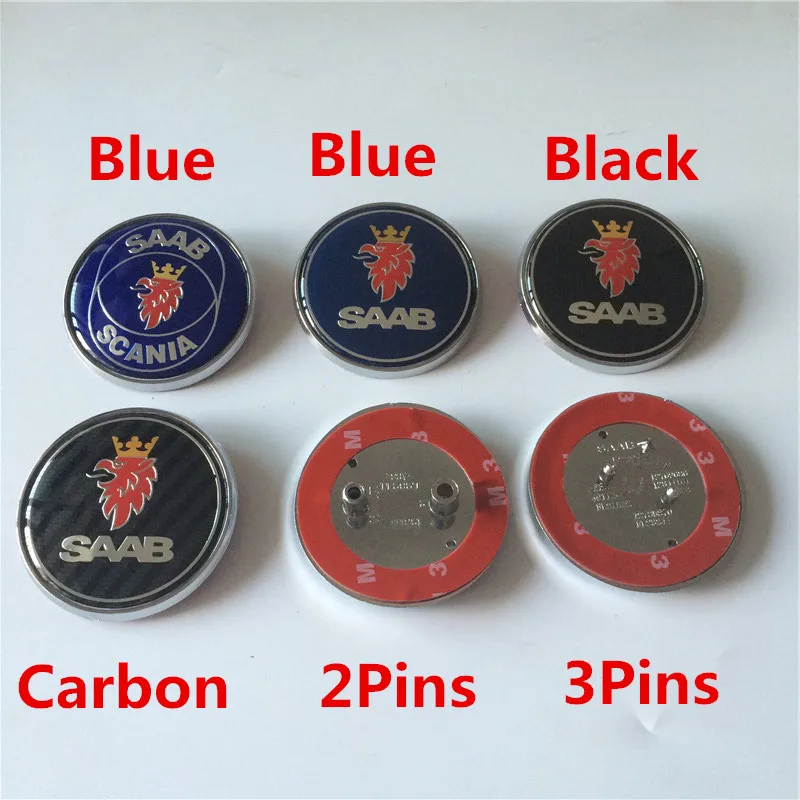 

2pcs 68mm New Car Styling SAAB SCANIA Blue Black Carbon Front Rear Boot Bonnet Badge Emblem Auto Logo 2/3 pins
