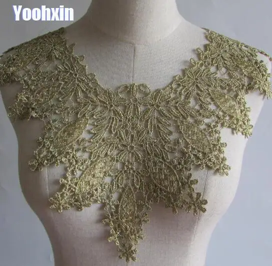 

HOT gold cotton embroidery 3D flower lace collar Fabric Sewing Applique DIY bridal neckline ribbon trim Guipure wedding decor