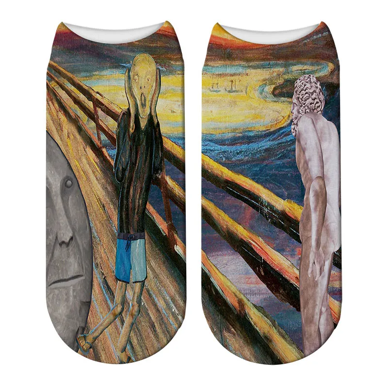 Забавные Женские носочки с 3D принтом в стиле ретро, новые хлопковые носки с криком звездной ночи, Ван Гог, картина маслом, кавайные короткие носки - Цвет: 1