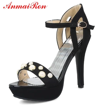 

ANMAIRON Women Sandals Summer 2019 Hing Heel Flock Basic Casual Women Fashion 2019 Summer Shoes Big Size 34-43 LY983