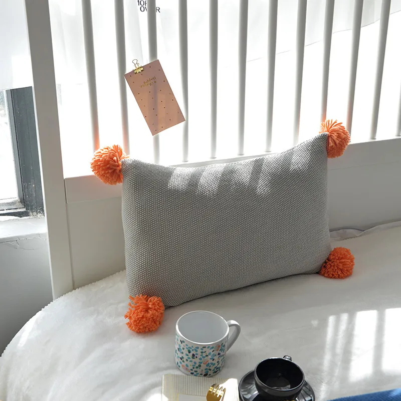 Вязаная наволочка для подушки, однотонный серый, синий, оранжевый чехол для подушки 35*50 см, чехол для подушки с помпоном, мягкий диван-кровать, декоративная детская комната