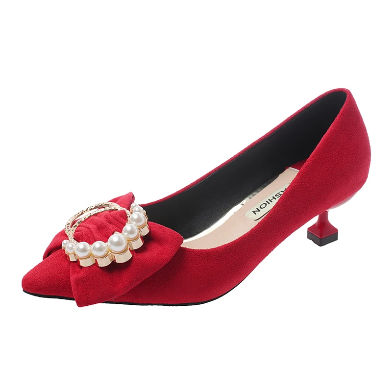 

Rhinestone Women's Shoes 2019 New Red High Heels Bridal Shoes Wedding Shoes Pointed Low-heeled Shoes Women's Fine Pumps
