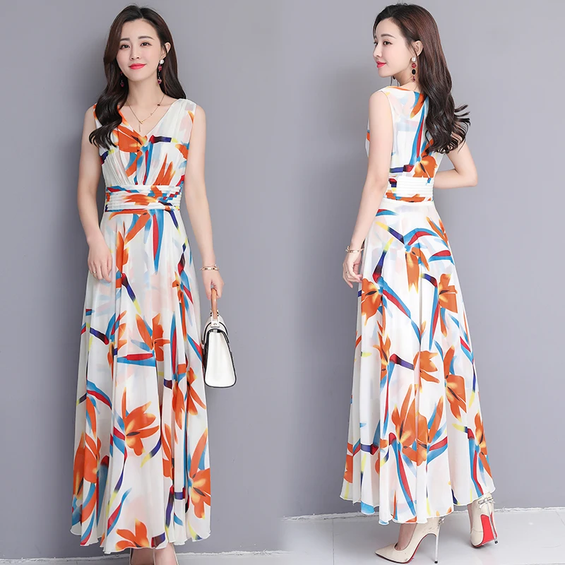 

Spring and Summer Women's Chiffon Floral Large Size Dress 2019 New Holiday Beach V-neck Elegant Waist Sexy Long Dress Vestidos