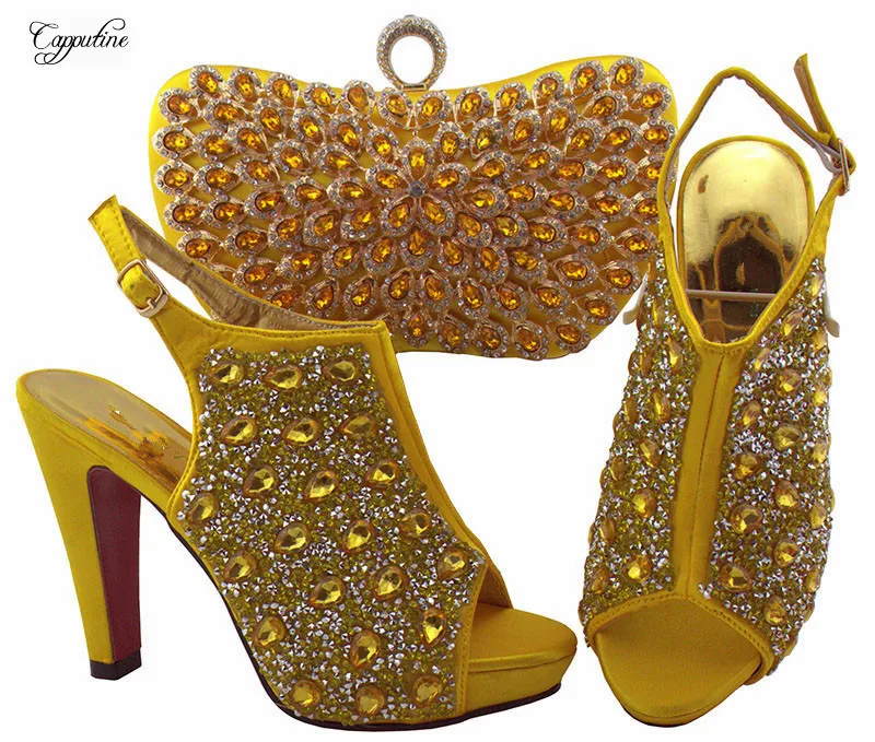 

Beautiful high heel pumps with bag set fashion shoes and purse handbag set with stones QSL005 in yellow, heel height 12cm