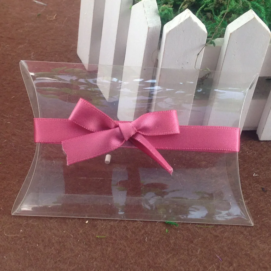 

2016 NewClear PVC Pillow Box & pink Ribbon Wedding Favor Bridal Gift Box 1lot=50pcs box +50 pcs ribbon Custom Logo Moq : 1000