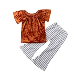 Комплект детской одежды для маленьких девочек карамельного цвета с открытыми плечами рубашка Топы Корректирующие + черно-белый в полоску