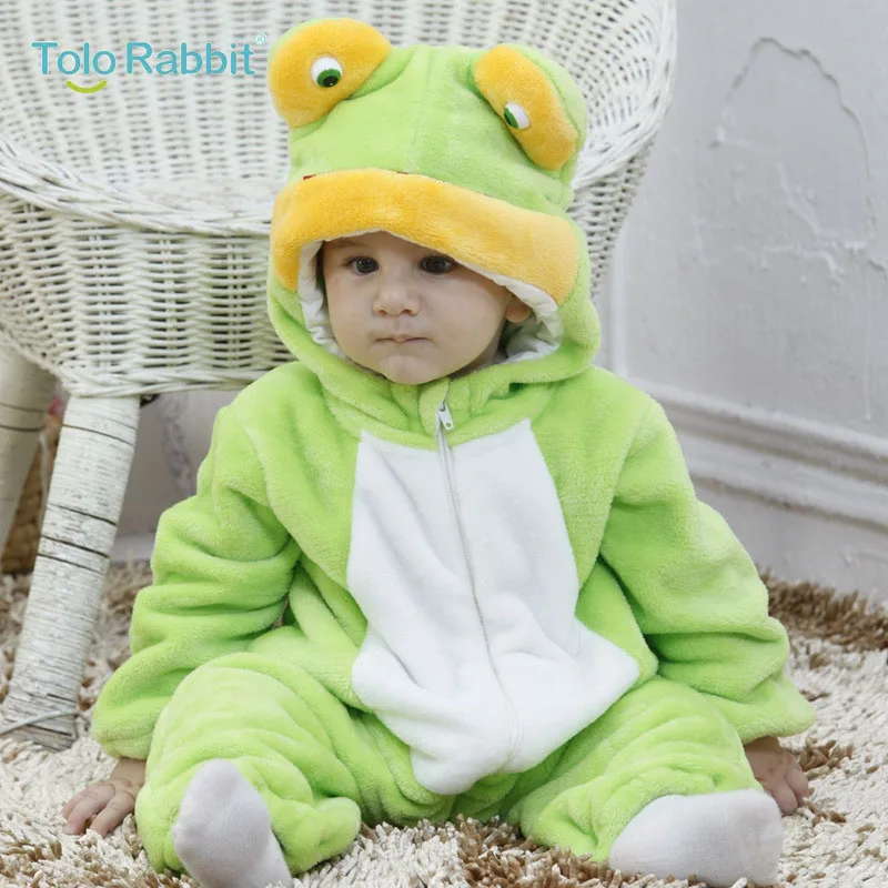 Baby Cartoon Rompers Newborn Hooded Toddler Clothing Boys Girls Minions Animal Jumpsuit Playsuit Costume Flannel Baby Rompers - Цвет: Frog
