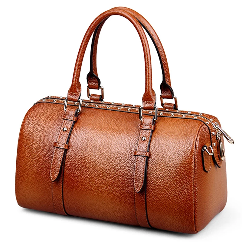 

Custom logo wholesale drop shippingGenuine Leather Women's Handbags Women Rivet Boston Bag Messenger Bags Famous Brand