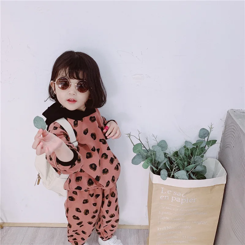 

2019 Spring Autumn fashion girls leopard print clothes sets pure cotton long sleeve hoodies+ casual pants 2pcs suits