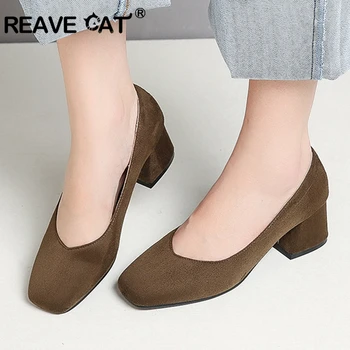 

REAVE CAT 2019 New Women's pumps Middle Hoof heels Square toe Shallow Flock Beige Black Pink Green Spring summer shoes A1748
