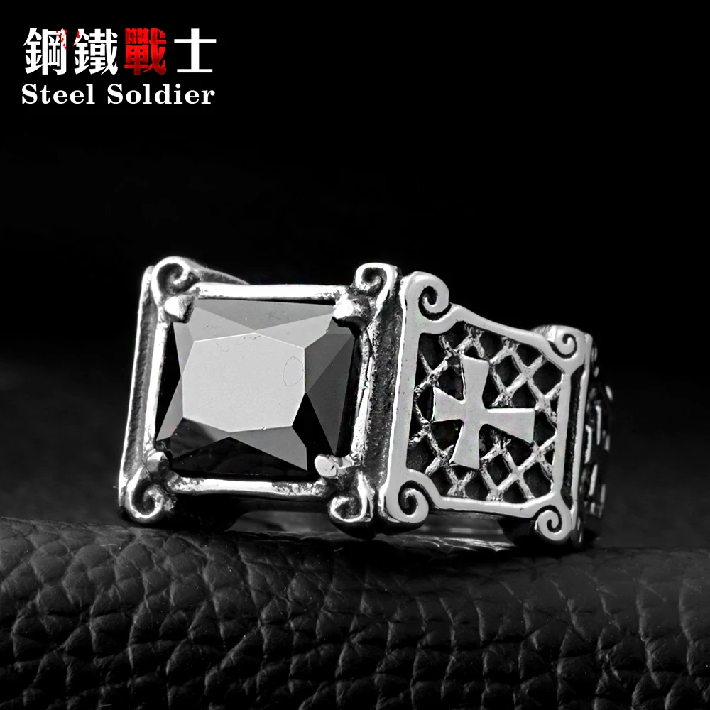 Steel soldier mix color Wholesale Jewelry Lots Vintage Friar Men's double cross Ring With Stone Red/Blue/Black Fashion