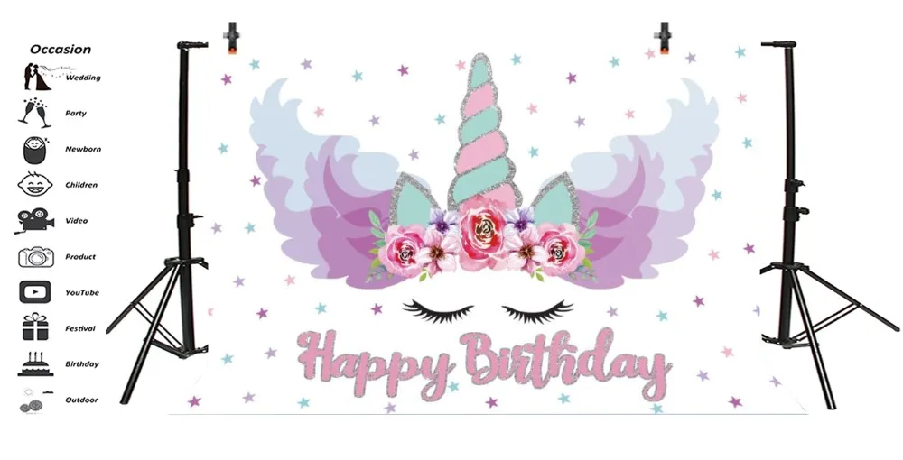 Laeacco Unicorn Birthday Party Flower Watercolor Star Child Portrait Photo Backdrops Photography Backgrounds Photo Studio