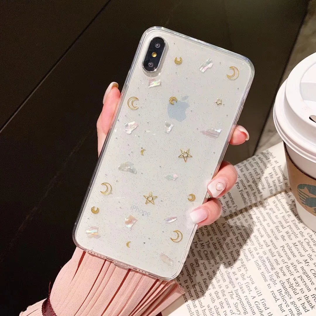 

Tfshining Glitter Moon Star Bling Soft Phone Cases For iPhone X XR XS Max 7 8 Plus 6 6s Conch Shell Case Transparent Cover Capa