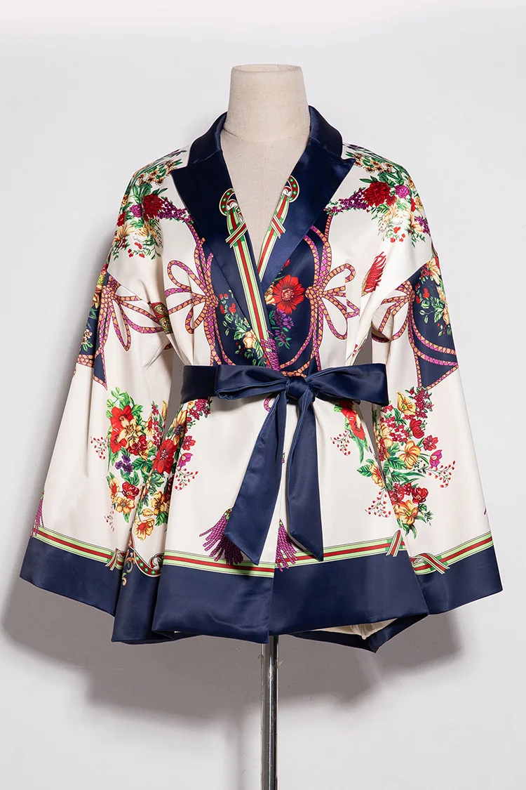 2019 Высокое качество Модный принт тонкий кимоно пальто винтажный Блейзер Открыть стежка ремень с бантом верхняя одежда с длинными рукавами
