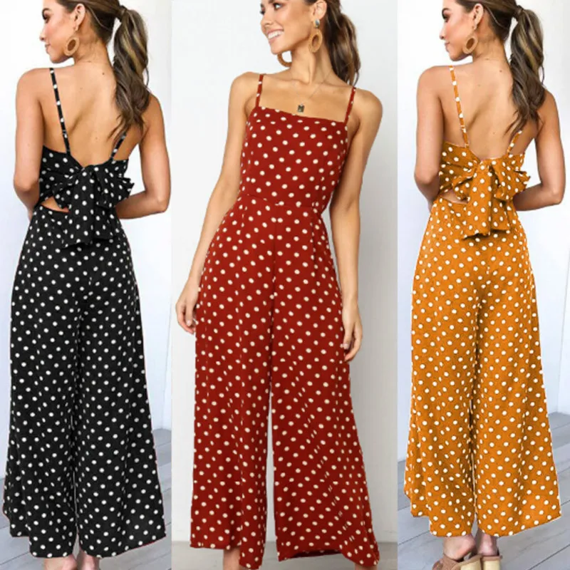 Elegant Sexy Jumpsuits Women Sleeveless Polka Dots Loose Trousers Wide Leg Pants Rompers Holiday Backless Bow Leotard Overalls Elegant Sexy Jumpsuits Women Sleeveless Polka Dots Loose Trousers Wide Leg Pants Rompers Holiday Backless Bow Leotard Overalls