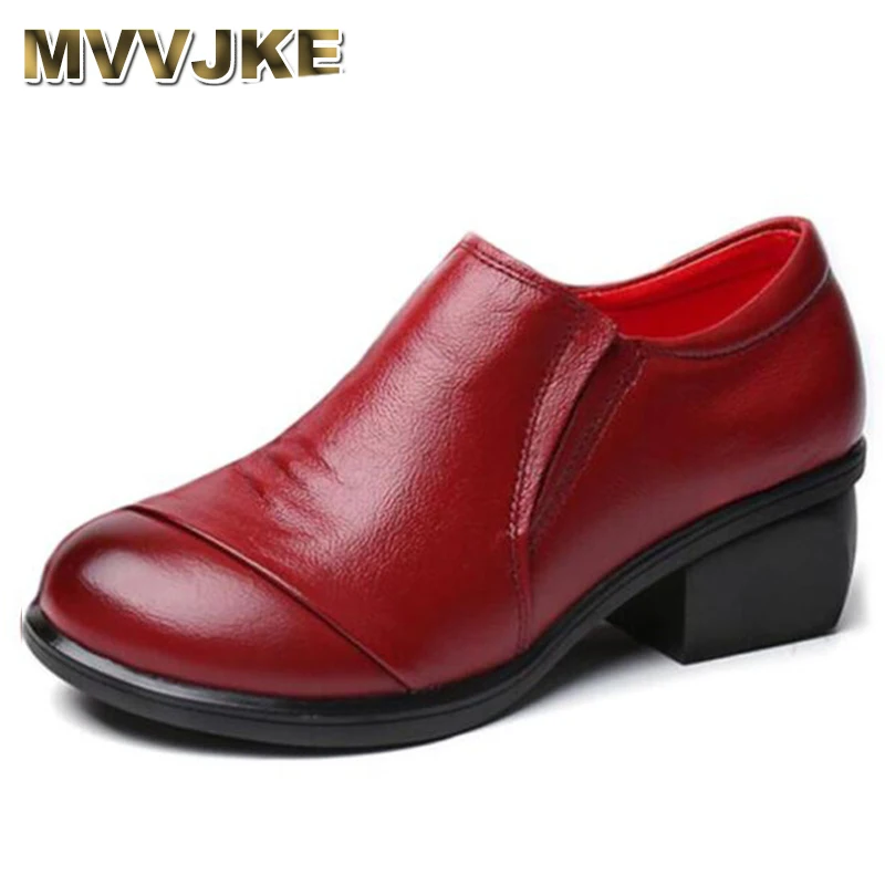 

MVVJKE 2018 Genuine Leather Women Shoes Thick Med Heels Work Dress Shoes Pumps Spring Autumn Red Boots Women Size 41E039