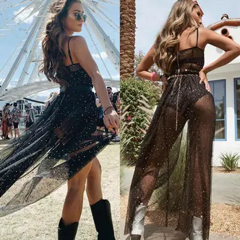 

Womens Sexy See-through Mesh Dress Sheer Maxi Dress Tulle Lace Long Dress Bikini Cover Up