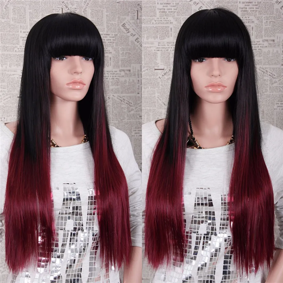 Cheap Ombre Wig With Full Bangs Natural Hair Cosplay Synthetic Wigs Long Straight Black&Blonde