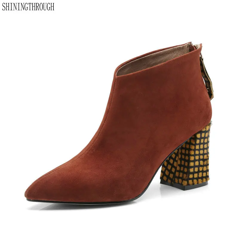 

New high heels ankle boots woman genuine leather ladies shoes autumn winter fashion women boots black brown large size 43