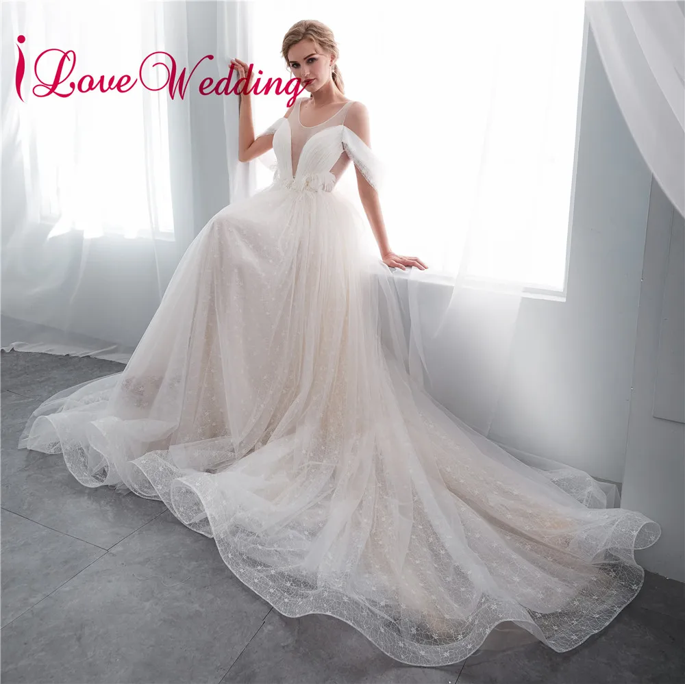 

Romantic Robe de mariee 2018 A Line Wedding Dress Sheer Jewel Collar Off the Shoulder Court Train Vestidos de novia