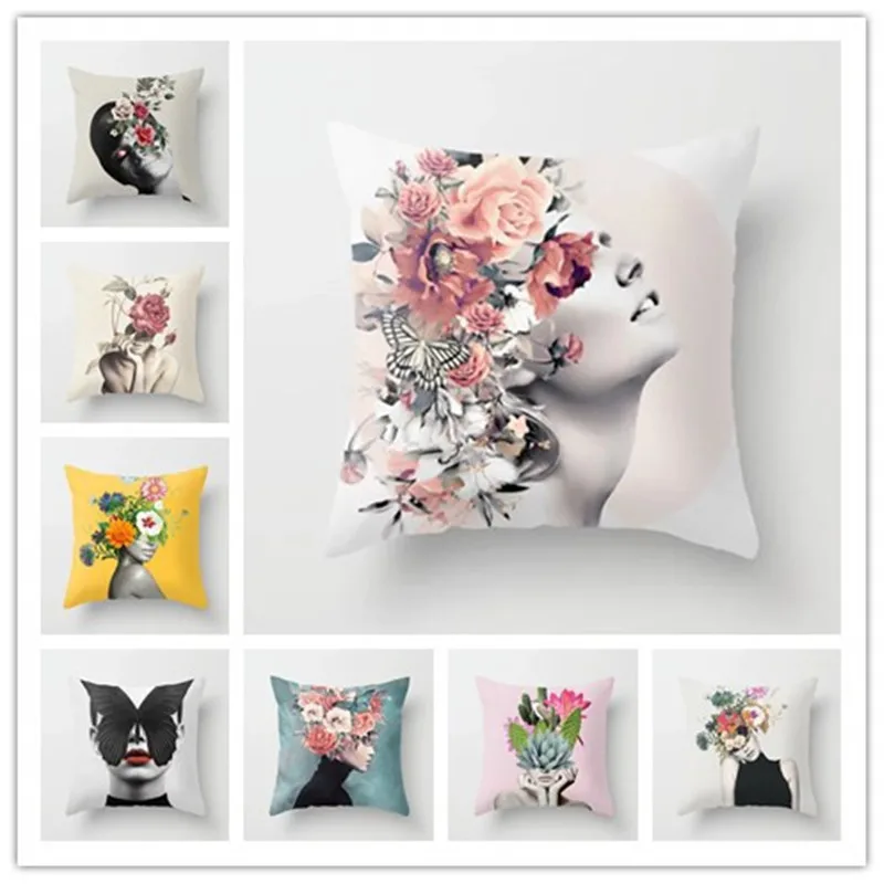 غطاء الوسادة الحديثة الفن نمط جميلة امرأة ورود رأس الطباعة رمي الوسائد غطاء مكتب/المنزل أريكة كرسي الخصر المخدة